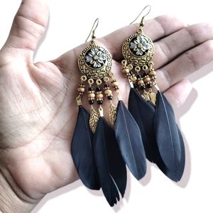 Boho Long Black Feather Leaves Beaded Artsy Festival Dangle Drop Earrings